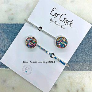 Handmade - Hair Pins with a Rainbow Glitter Resin Setting